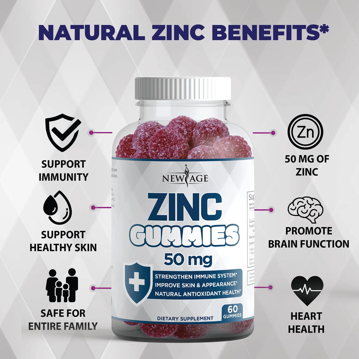 Zinco Gommose Confezione da 2 – Integratore di Zinco da 50 mg per il Sistema Immunitario con Vitamina C | Non-GMO | New Age