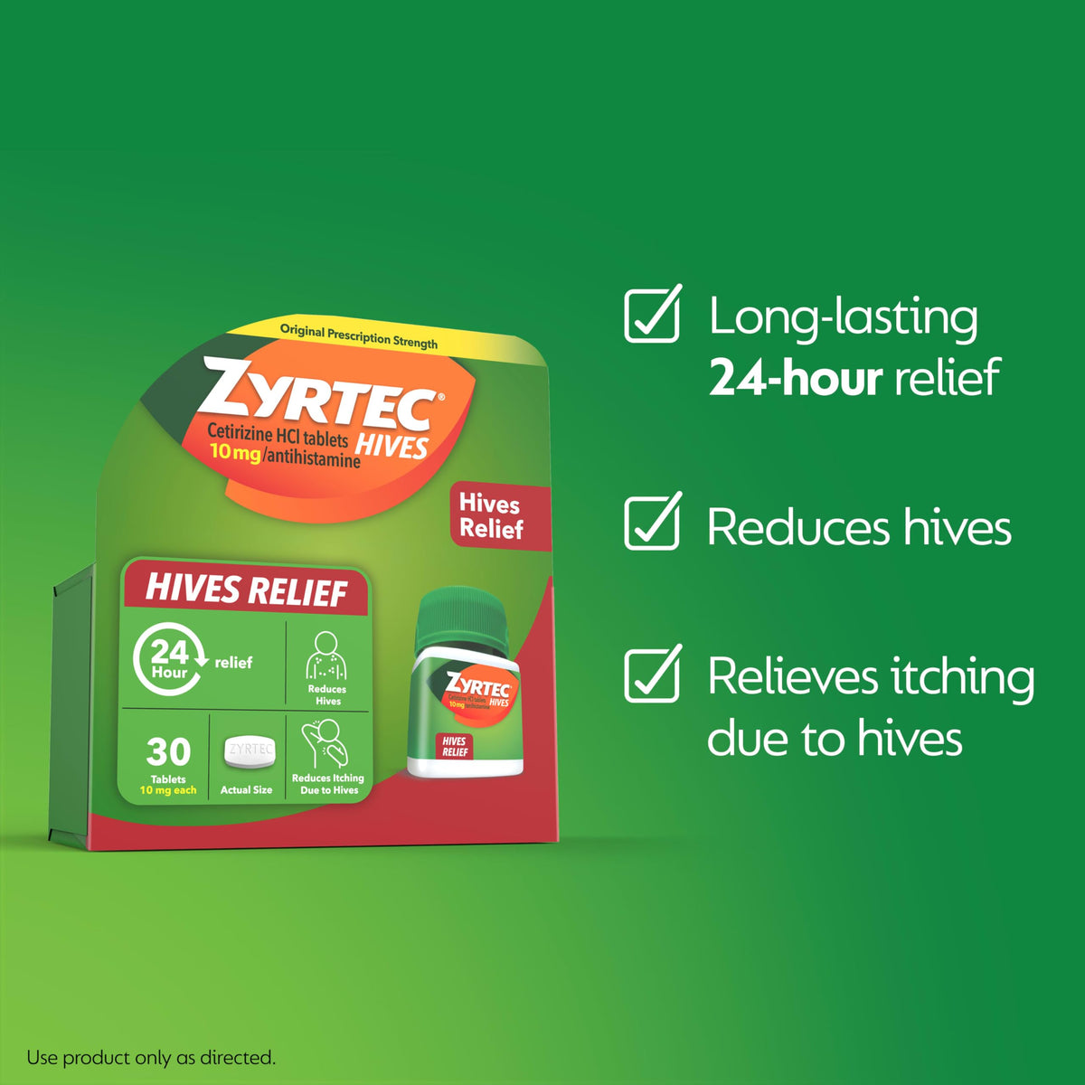 Zyrtec 24 Hour Hives Relief Tablets, 10 mg Cetirizine HCl β Fast Itch & Hive Relief, 30 Count
