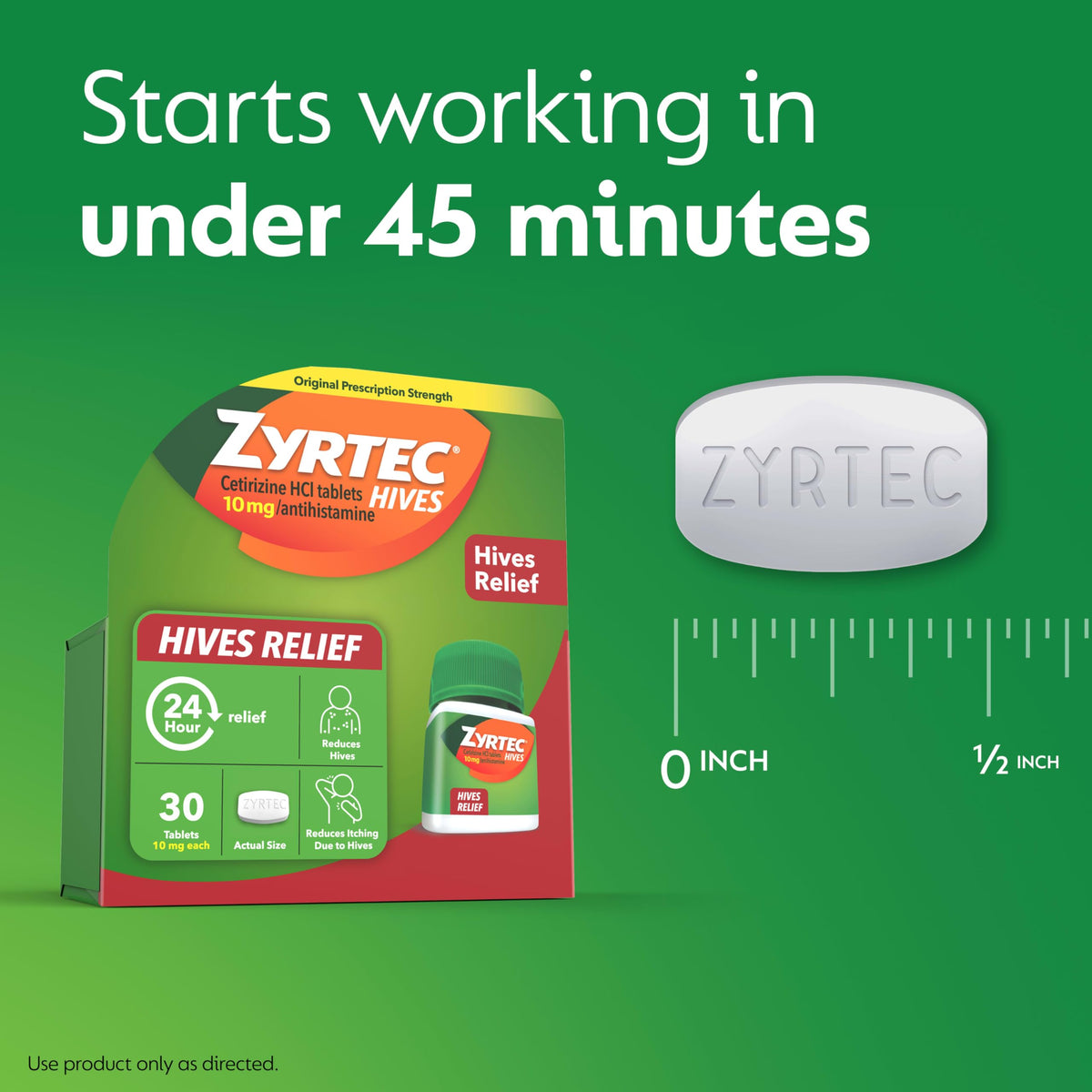Zyrtec 24 Hour Hives Relief Tablets, 10 mg Cetirizine HCl β Fast Itch & Hive Relief, 30 Count