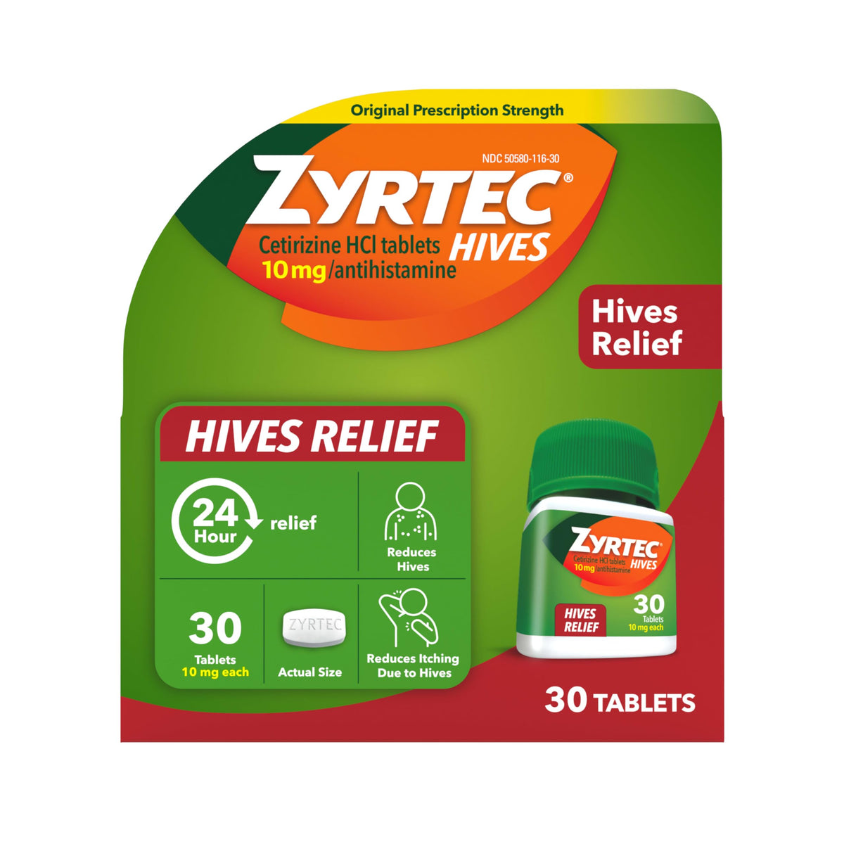 Zyrtec 24 Hour Hives Relief Tablets, 10 mg Cetirizine HCl β Fast Itch & Hive Relief, 30 Count