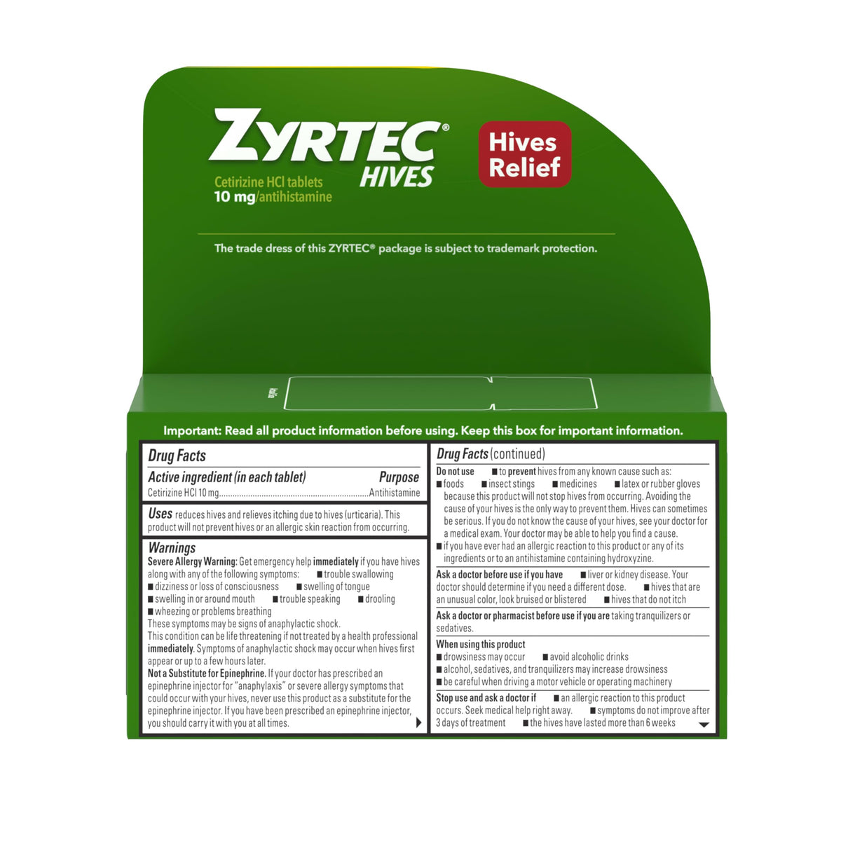 Zyrtec 24 Hour Hives Relief Tablets, 10 mg Cetirizine HCl β Fast Itch & Hive Relief, 30 Count