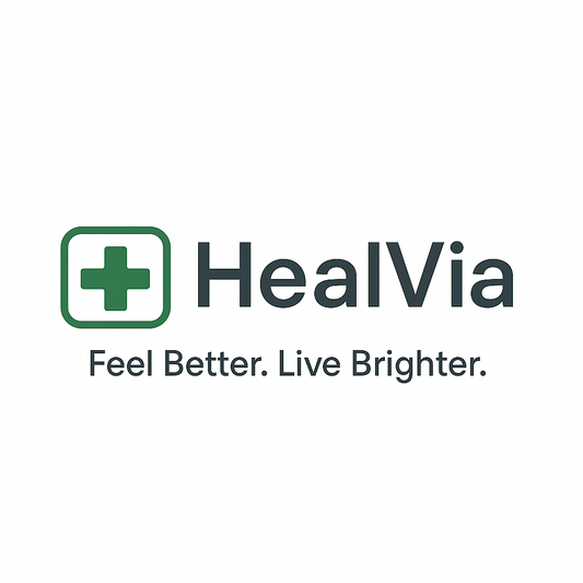 HealVia health logo with green medical cross and slogan Feel Better. Live Brighter.