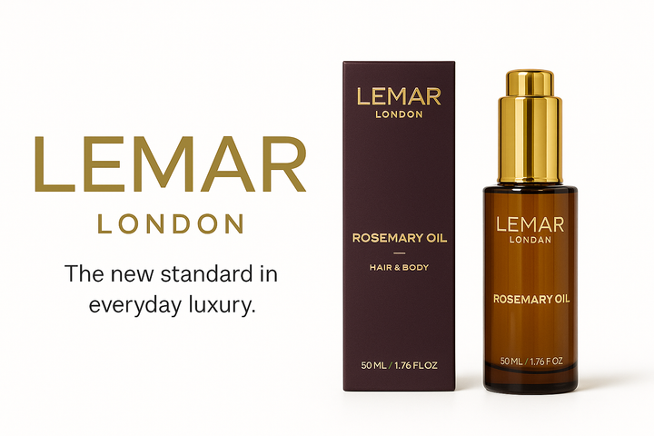 Lemar London Rosemary Oil bottle and box for hair and body, 50ml, luxury skincare