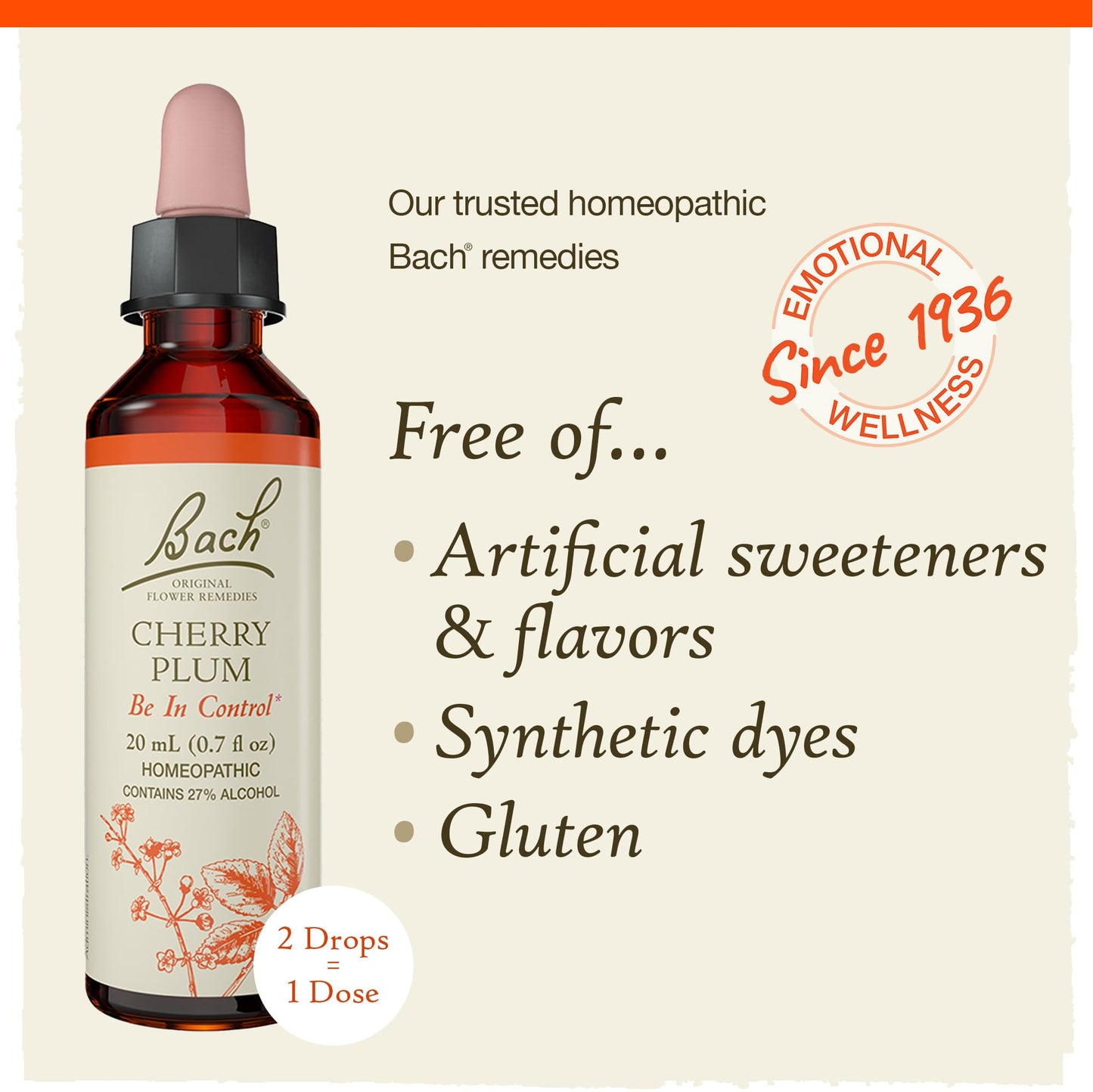Bach Cherry Plum Original Flower Remedy – Be in Control, 20mL Dropper, Vegan