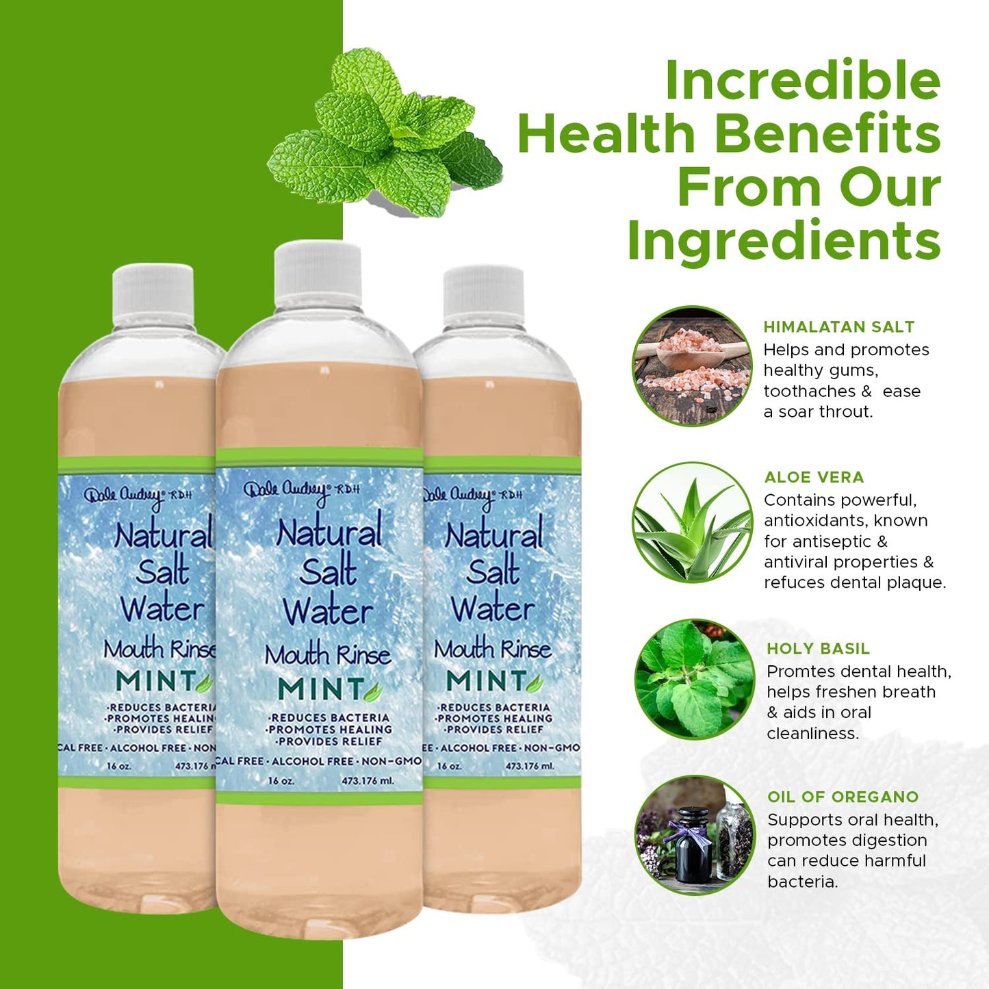 3 Pack Natural Saltwater Mouth Rinse – Himalayan Pink Salt, Mint Flavor, Fluoride & Alcohol Free, 16 fl oz