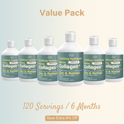 12500 ملغ من الكولاجين البحري المتحلل بالإضافة إلى الزنك والريتينول (ملاحظة)