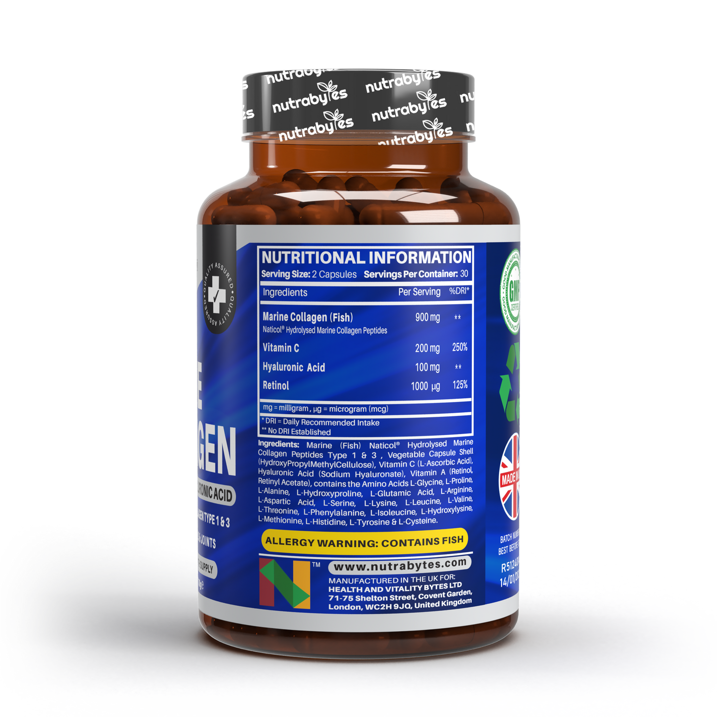 Marine Collagen Capsules Types 1 & 3 with Hyaluronic Acid & Vitamin C | 60 Capsules | 1-Month Supply | UK Made