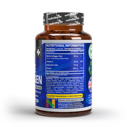 Marine Collagen Capsules Types 1 & 3 with Hyaluronic Acid & Vitamin C | 60 Capsules | 1-Month Supply | UK Made