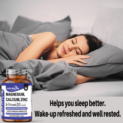Magnesium, Calcium, Zinc & Vitamin D3 (Vegan D3) - Advanced Immunity Support, 6 Months Supply | Made in the UK