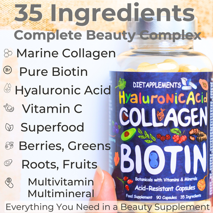 Complete Hair, Skin, Nails Supplement! Marine Collagen, Hyaluronic Acid, Biotin, Vitamins, Minerals, Superfood - 35 Ingredients