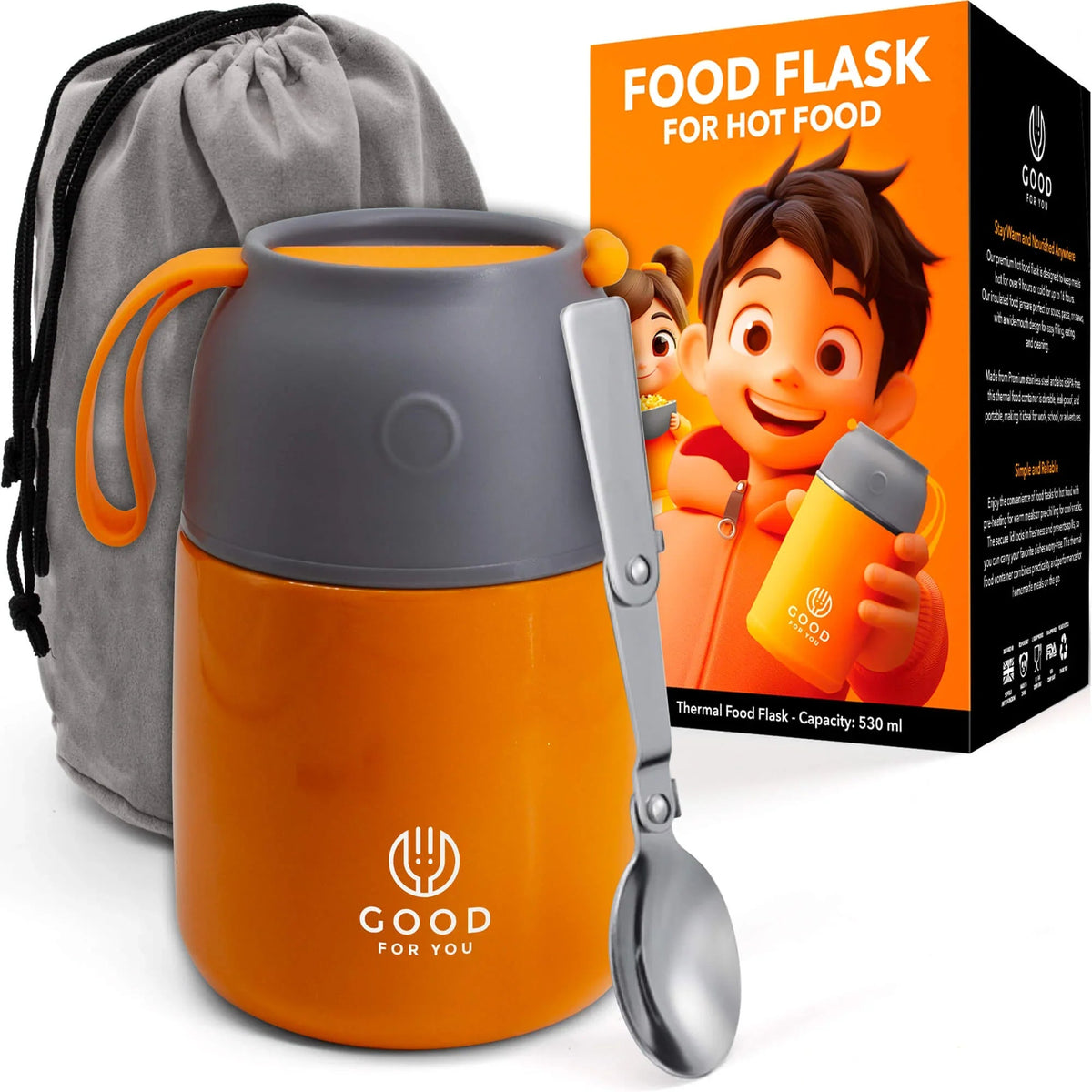 Insulated BPA-Free Kids Food Flask 530ml – Hot Lunches | Orange