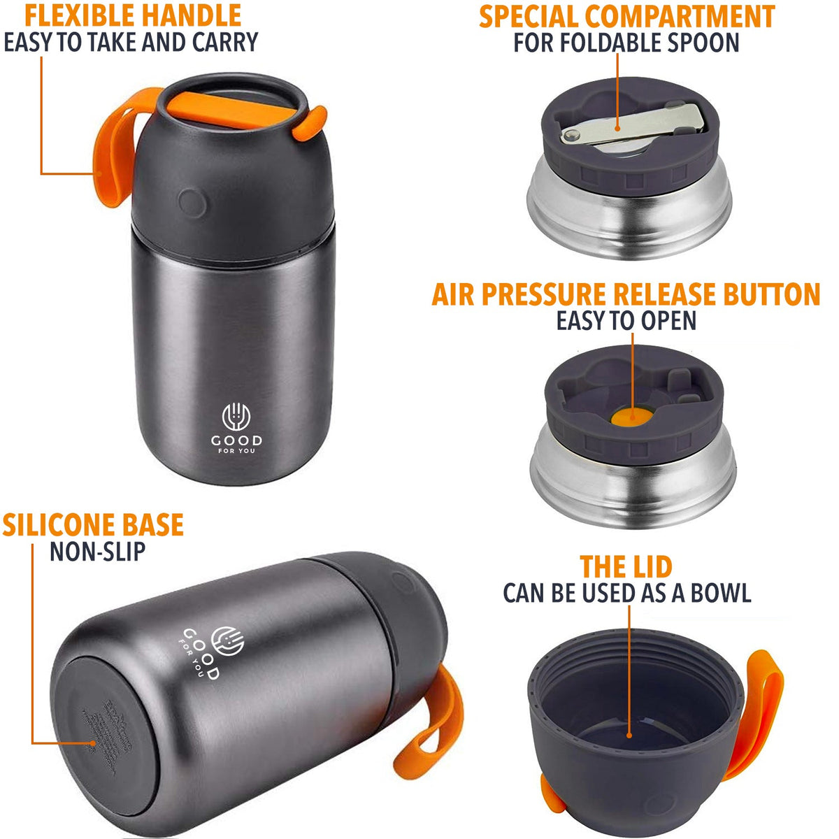 Insulated BPA-Free Food Flask 730ml – No Microwave | Grey
