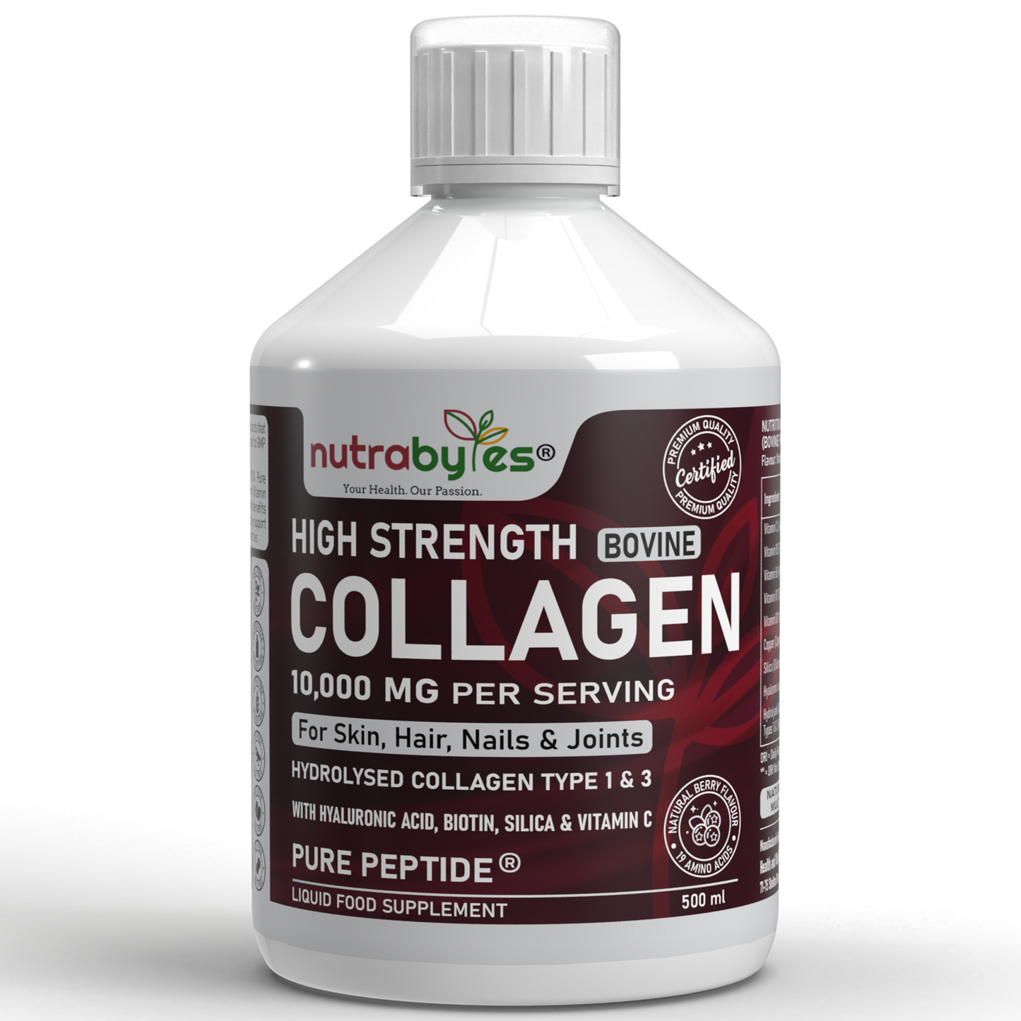 High-Strength Liquid Bovine Collagen Supplement for Women and Men, 10,000 mg Liquid Collagen with Hyaluronic Acid and Vitamin C, 19 Amino Acids,  Collagen Types 1 and 3, Berry Flavoured, Halal & Kosher certified