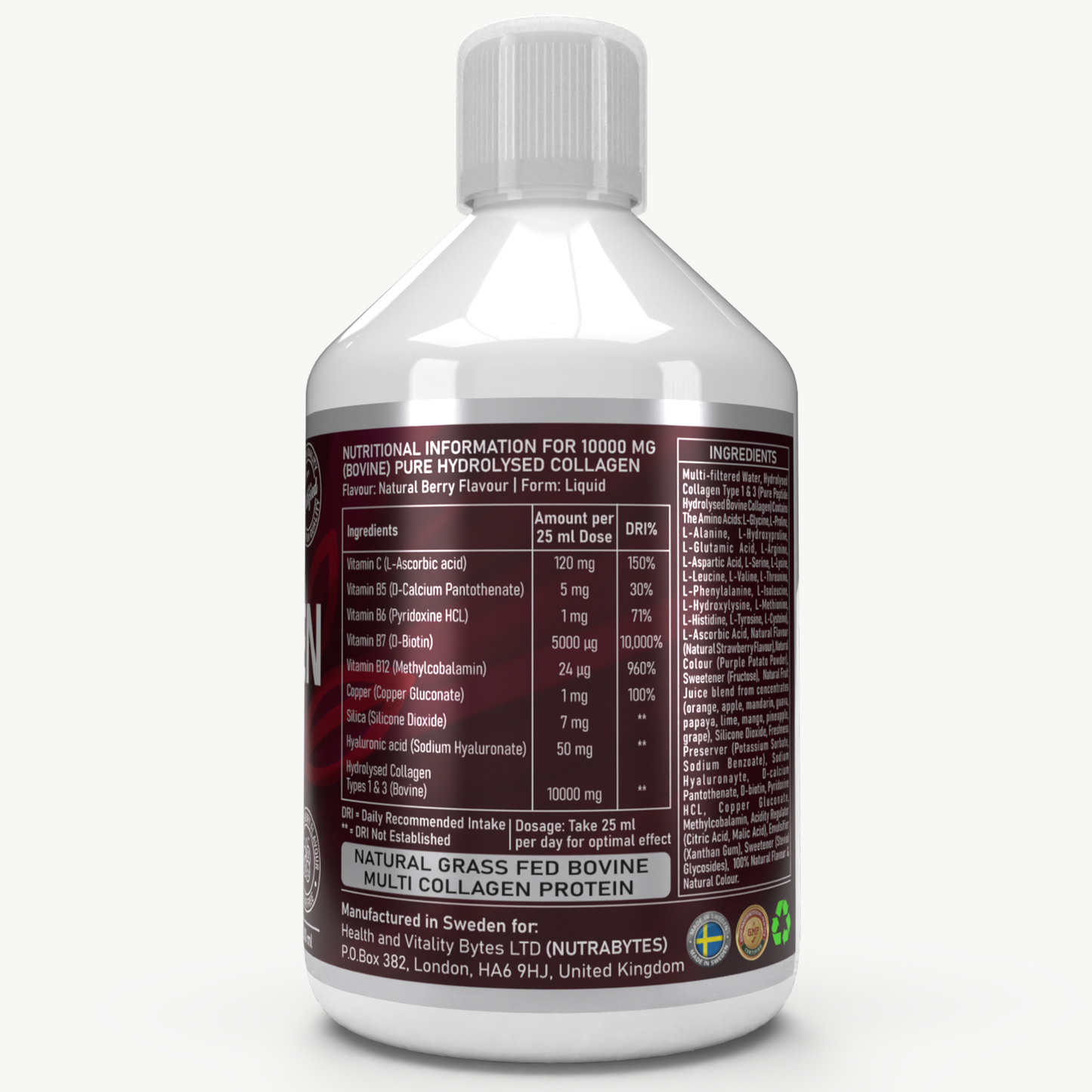 High-Strength Liquid Bovine Collagen Supplement for Women and Men, 10,000 mg Liquid Collagen with Hyaluronic Acid and Vitamin C, 19 Amino Acids,  Collagen Types 1 and 3, Berry Flavoured, Halal & Kosher certified
