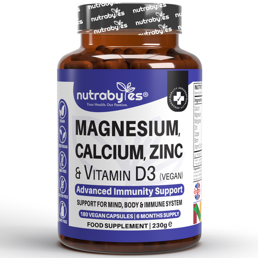 Magnesium, Calcium, Zinc & Vitamin D3 (Vegan D3) - Advanced Immunity Support, 6 Months Supply | Made in the UK