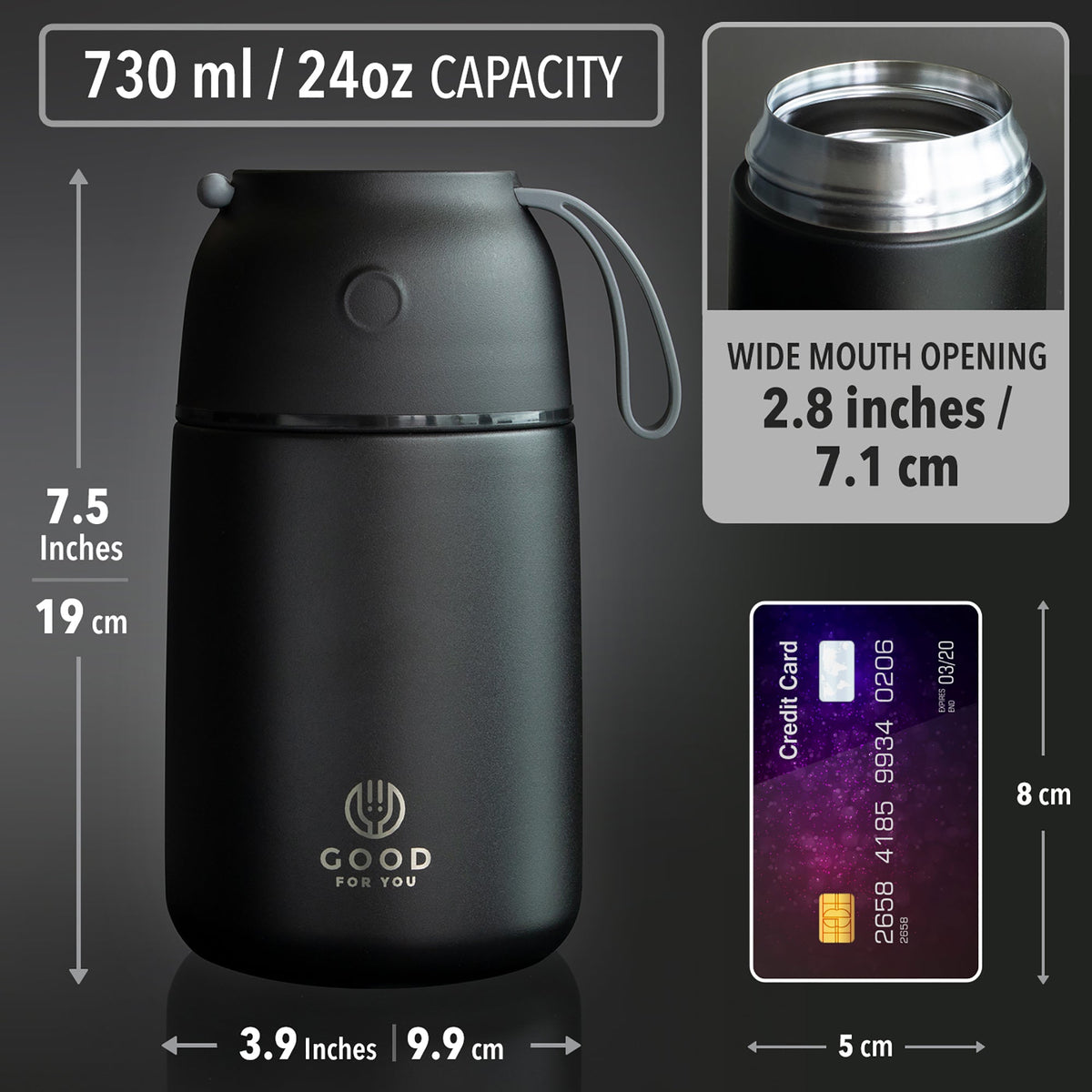 Insulated BPA-Free Food Flask 730ml – No Microwave | Black