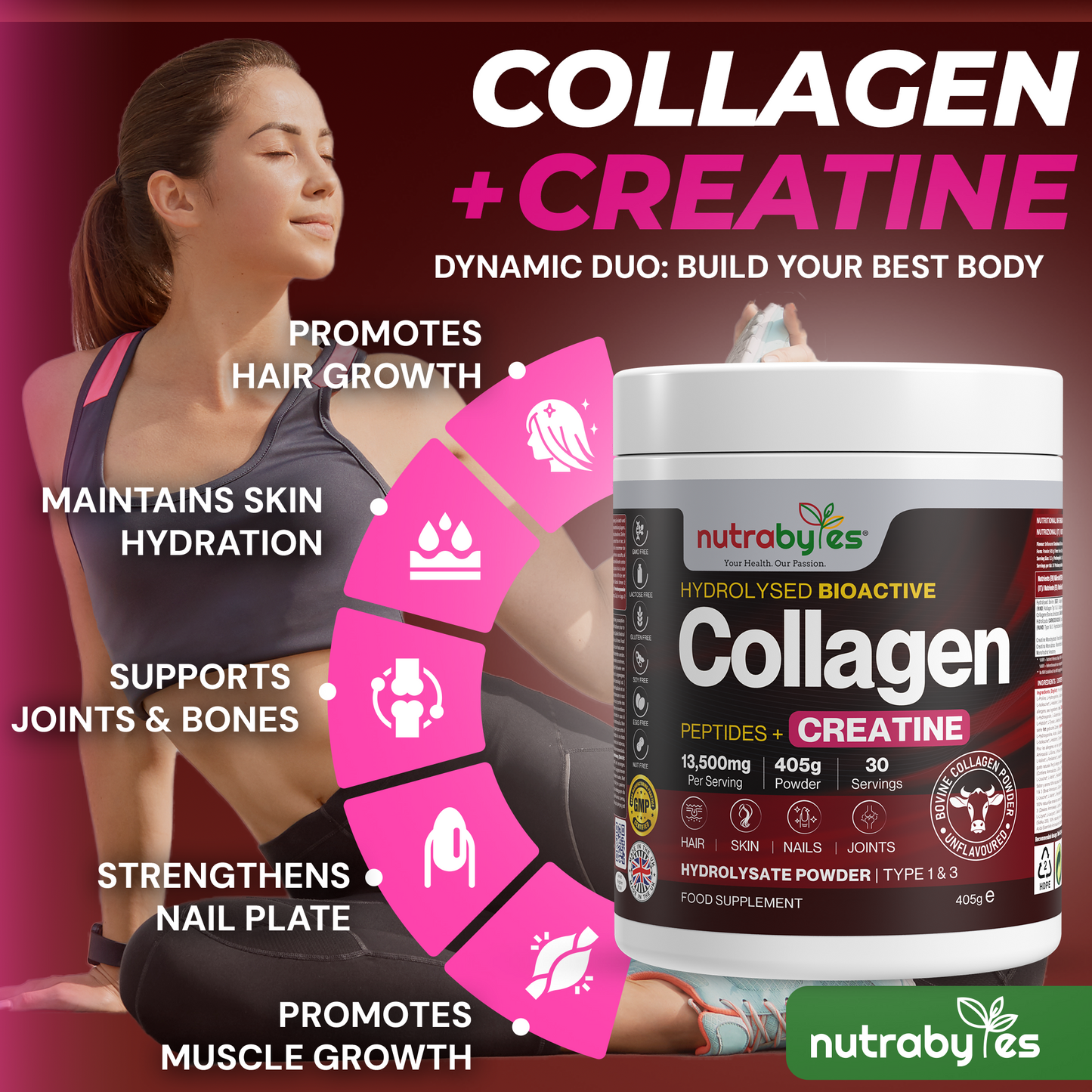Collagen Powder with Creatine Monohydrate | Ultimate Beauty & Fitness Combo | Unflavoured | 405g