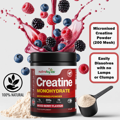 Creatine Monohydrate Powder 300g (75 Servings) – Pure Micronised Creatine Powder Supplement for Men & Women, Pre & Post Workout Strength, Muscle Growth & Recovery, Vegan – Mixed Berry Flavour