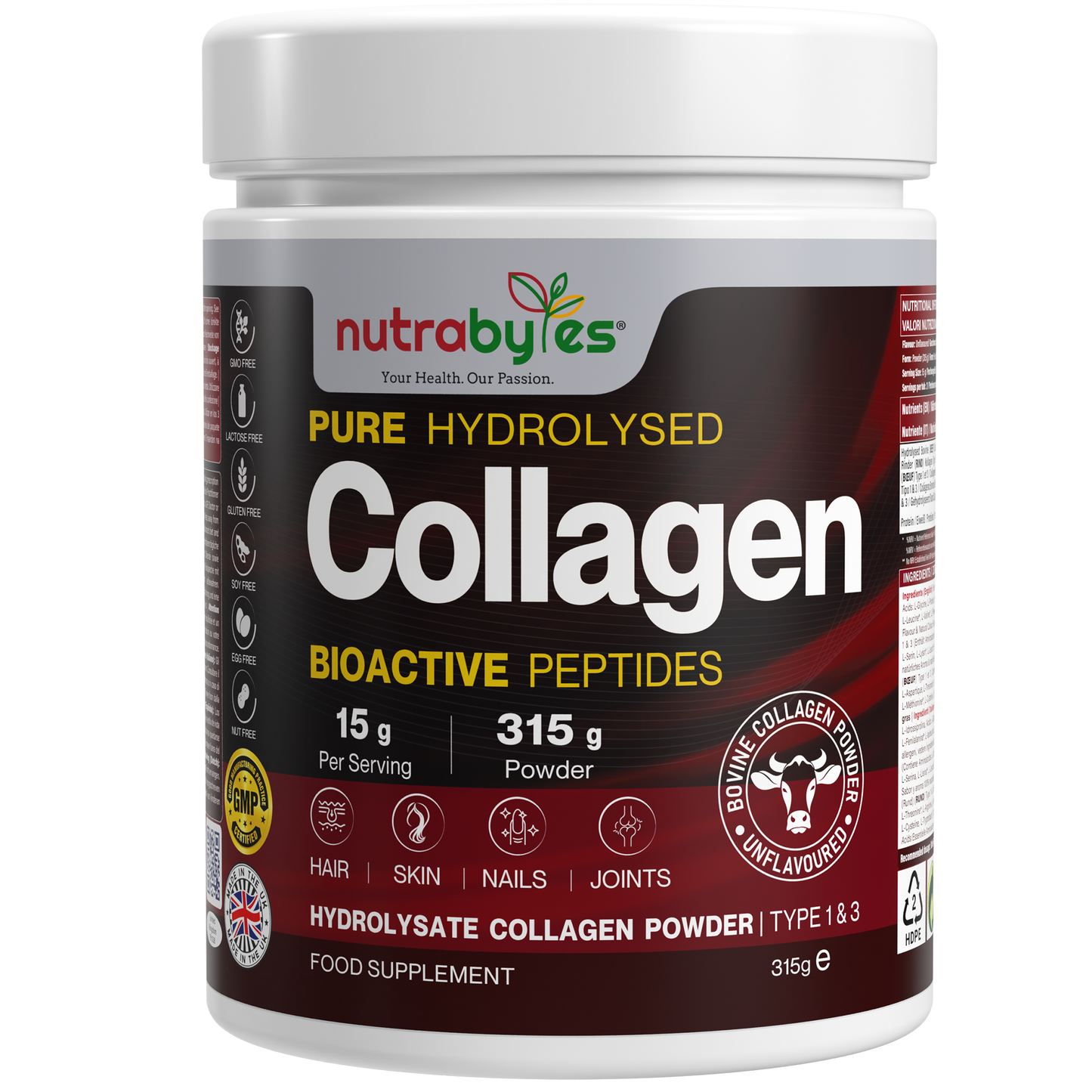 Collagen Powder 315g, Gold Standard Grass Fed Bovine Hydrolysed Peptides - High Levels of 9 Essential Amino Acids, Collagen Supplements, Protein Powder for Hair Skin Nails Joints, Made in UK