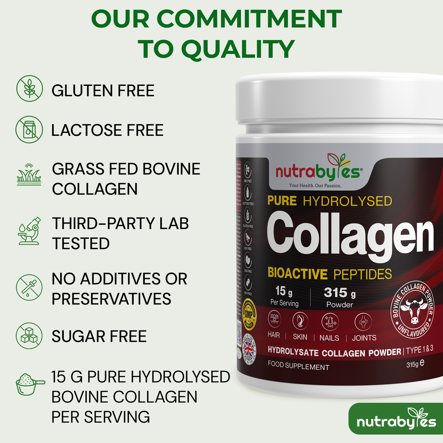 Collagen Powder 315g, Gold Standard Grass Fed Bovine Hydrolysed Peptides - High Levels of 9 Essential Amino Acids, Collagen Supplements, Protein Powder for Hair Skin Nails Joints, Made in UK