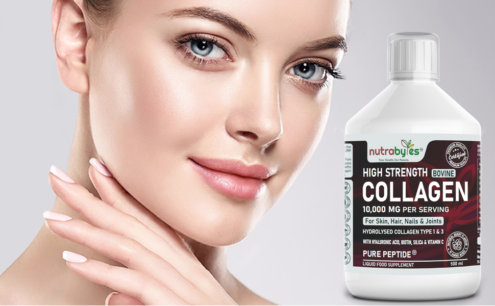 High-Strength Liquid Bovine Collagen Supplement for Women and Men, 10,000 mg Liquid Collagen with Hyaluronic Acid and Vitamin C, 19 Amino Acids,  Collagen Types 1 and 3, Berry Flavoured, Halal & Kosher certified