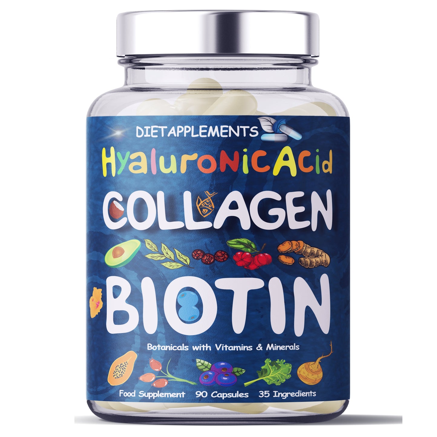 Complete Hair, Skin, Nails Supplement! Marine Collagen, Hyaluronic Acid, Biotin, Vitamins, Minerals, Superfood - 35 Ingredients