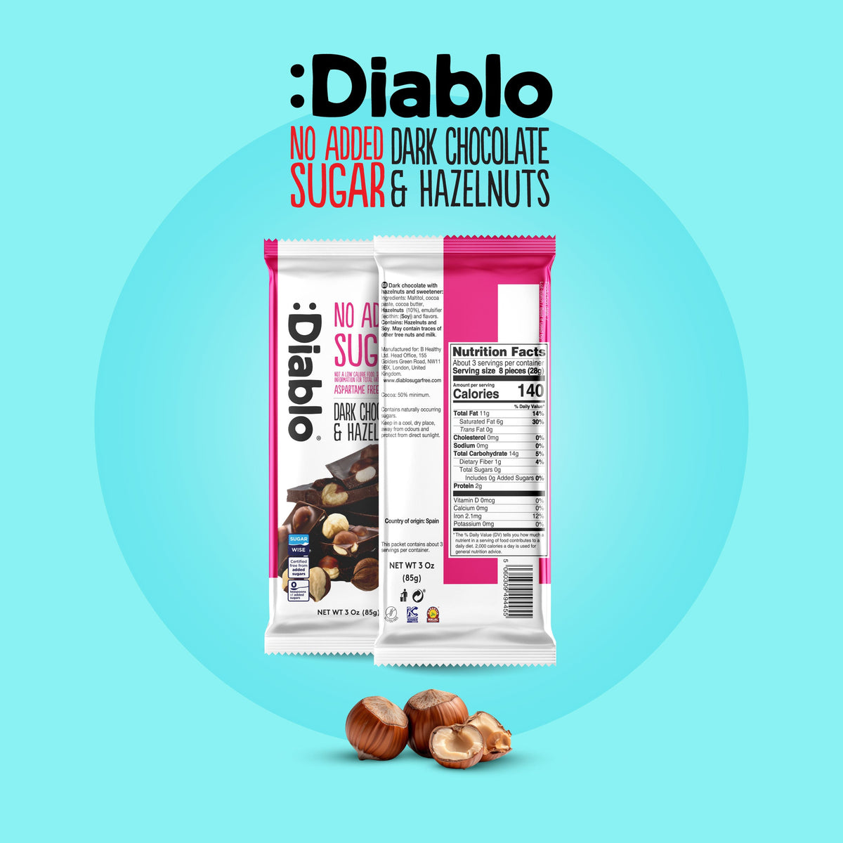 No Added Sugar Dark Chocolate with Hazelnuts Maltitol  (85g)