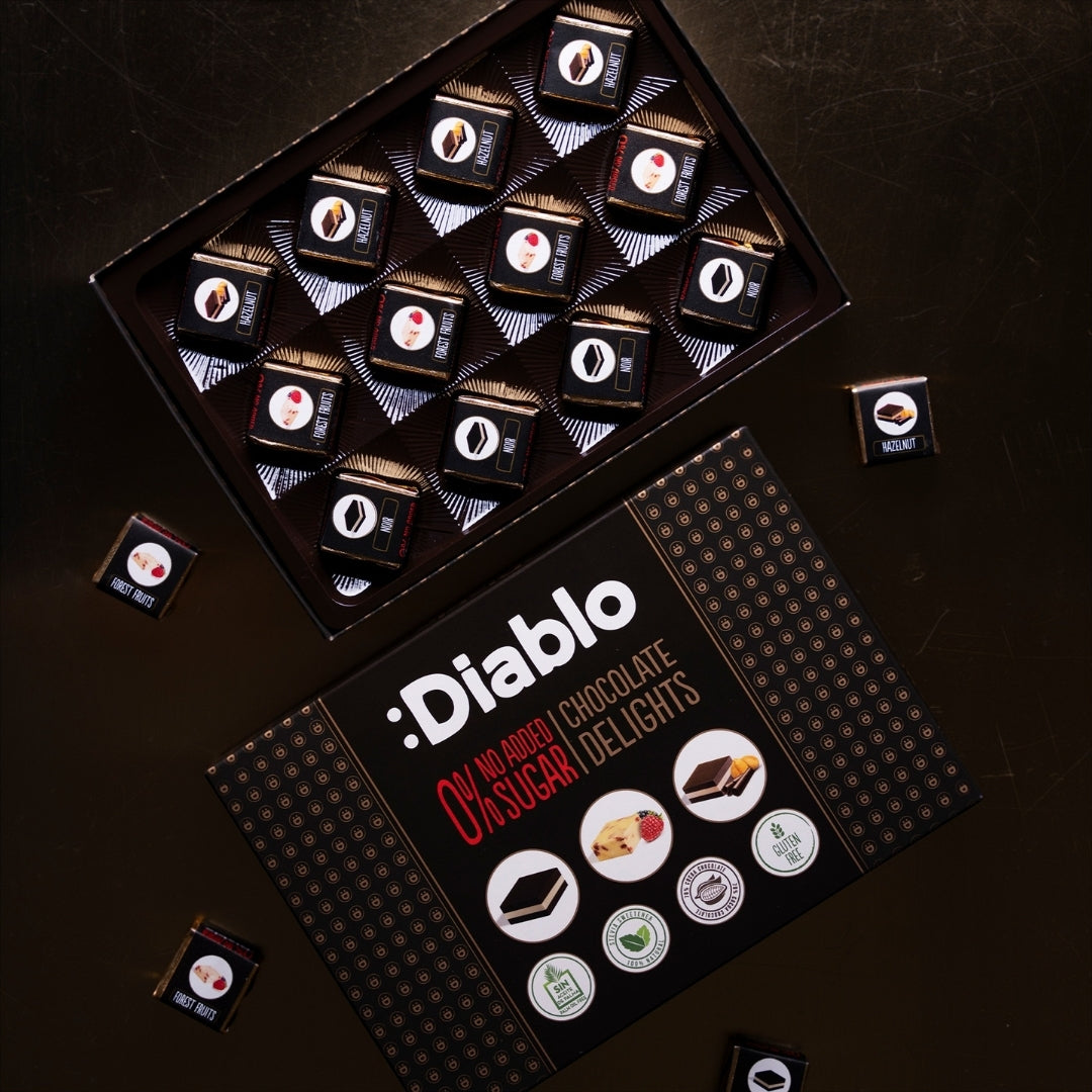 Delight No Added Sugar Chocolate Box Noir, Hazelnut, Forrest Fruit  (12 pieces, 115g)
