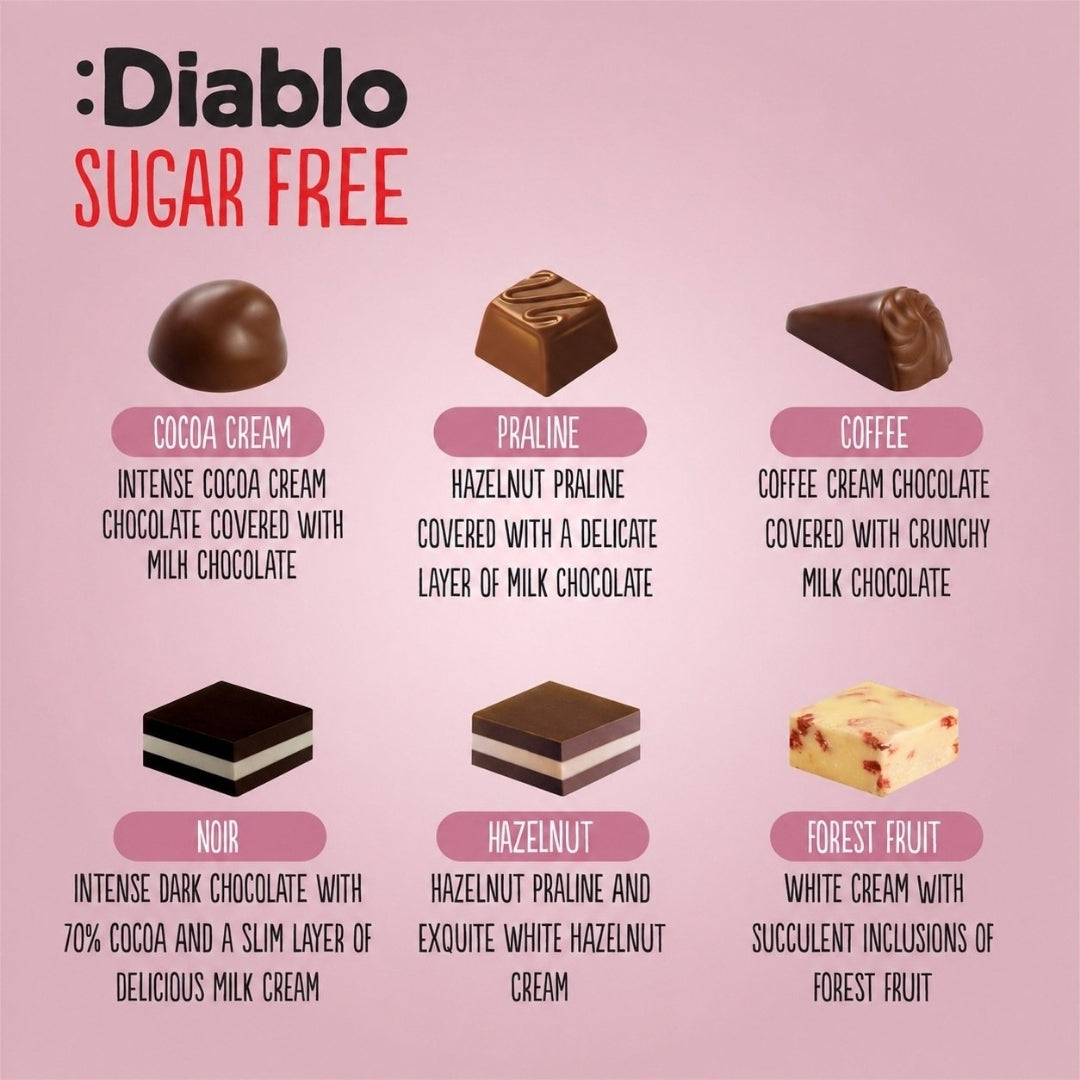 Luxury No Added Sugar Chocolate Box Noir, Hazelnut, Forrest Fruit, Cocoa Cream, Praline, Coffee  (14 pieces, 142g)