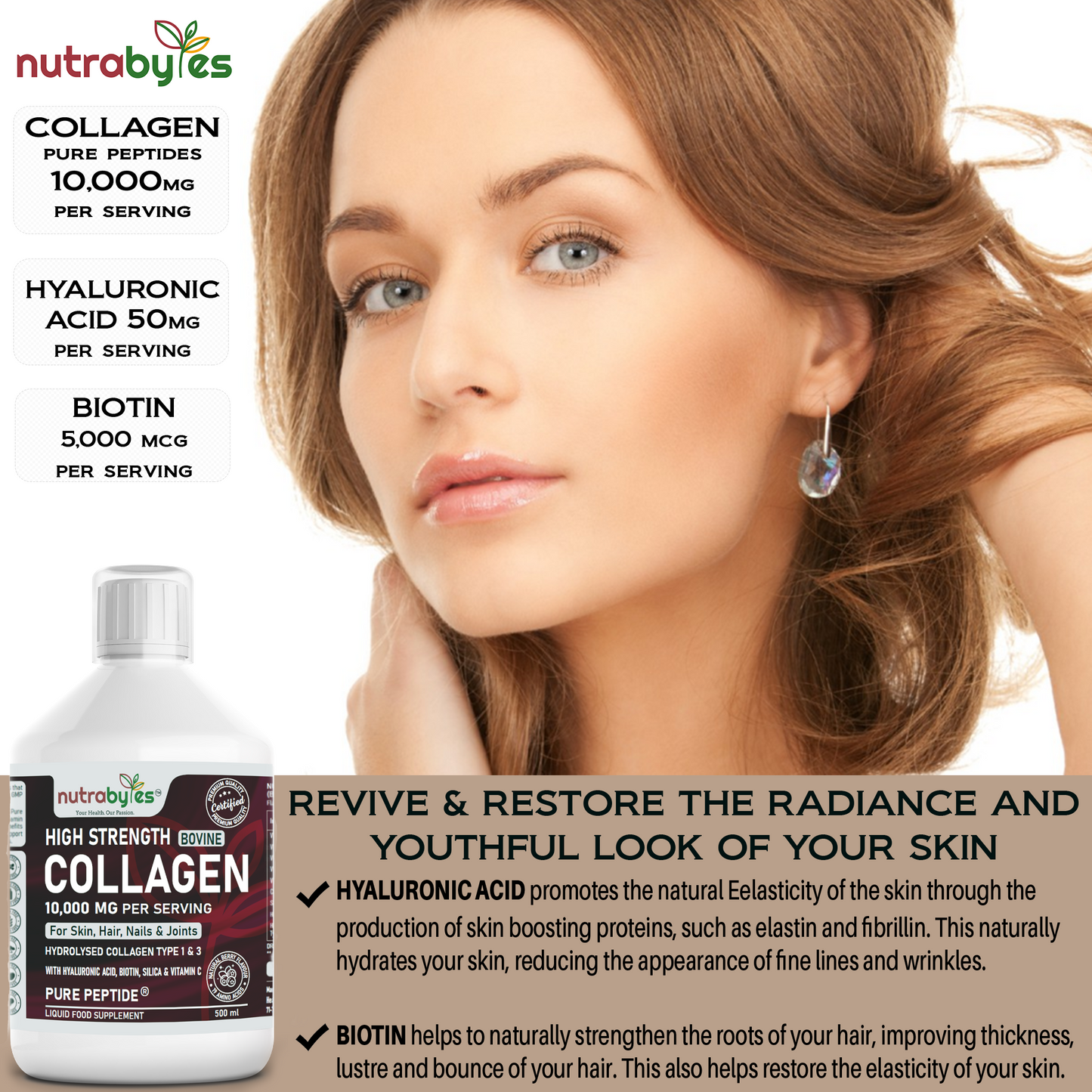 High-Strength Liquid Bovine Collagen Supplement for Women and Men, 10,000 mg Liquid Collagen with Hyaluronic Acid and Vitamin C, 19 Amino Acids,  Collagen Types 1 and 3, Berry Flavoured, Halal & Kosher certified
