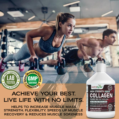 High-Strength Liquid Bovine Collagen Supplement for Women and Men, 10,000 mg Liquid Collagen with Hyaluronic Acid and Vitamin C, 19 Amino Acids,  Collagen Types 1 and 3, Berry Flavoured, Halal & Kosher certified
