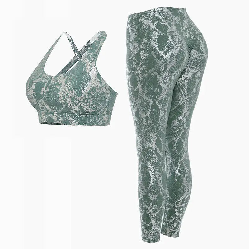 Fitness Sport Bra and Yoga Pants Set Snake Skin Gold Printing
