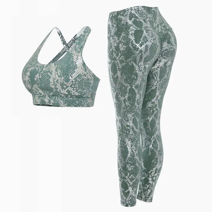 Fitness Sport Bra and Yoga Pants Set Snake Skin Gold Printing