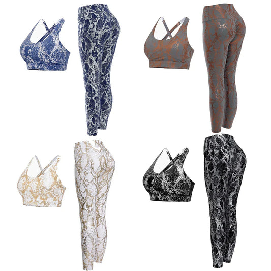 Fitness Sport Bra and Yoga Pants Set Snake Skin Gold Printing