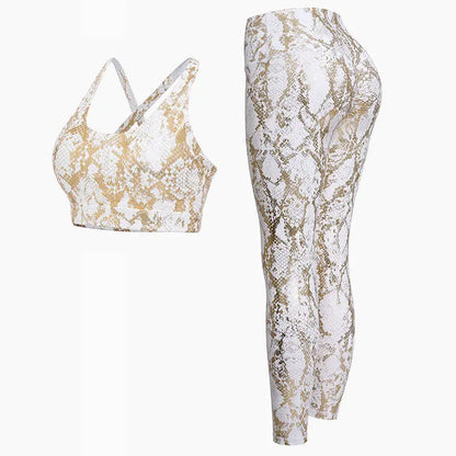 Fitness Sport Bra and Yoga Pants Set Snake Skin Gold Printing