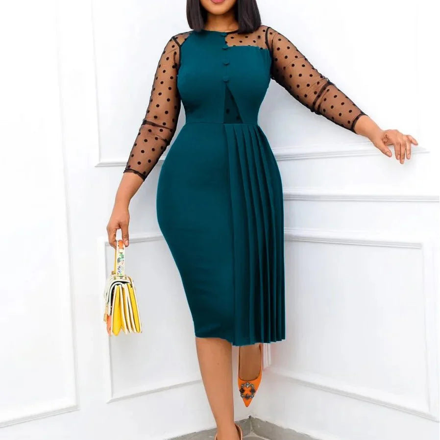 Fashion Mesh Splicing Slim Warp Hip Split Women Office Dress