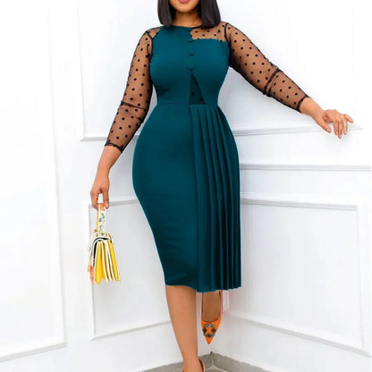 Fashion Mesh Splicing Slim Warp Hip Split Women Office Dress