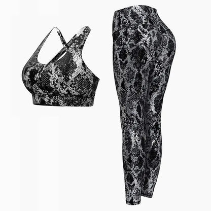 Fitness Sport Bra and Yoga Pants Set Snake Skin Gold Printing