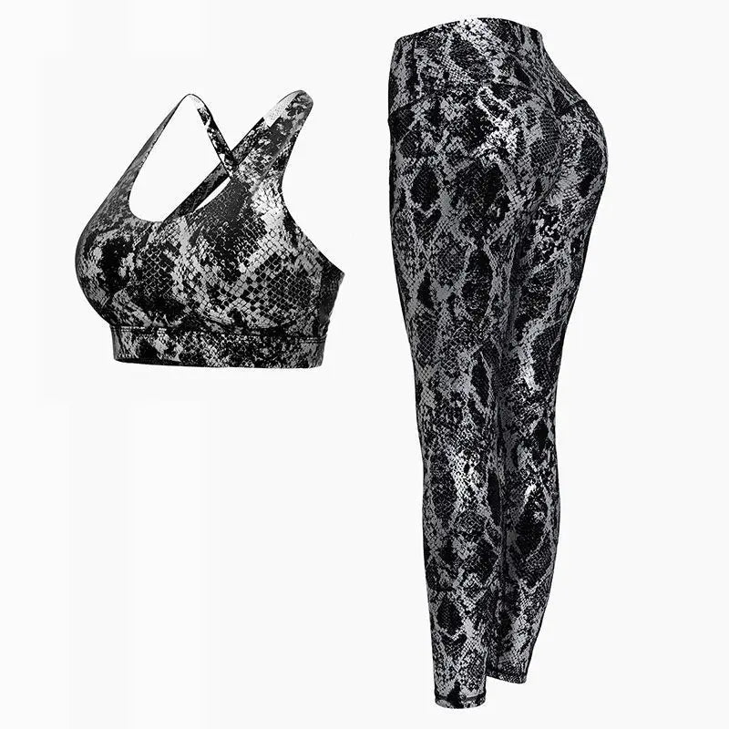 Fitness Sport Bra and Yoga Pants Set Snake Skin Gold Printing