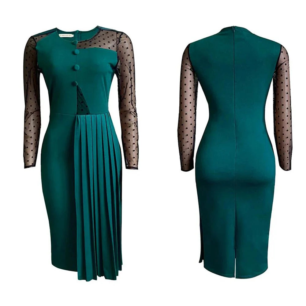 Fashion Mesh Splicing Slim Warp Hip Split Women Office Dress