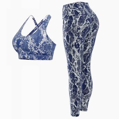 Fitness Sport Bra and Yoga Pants Set Snake Skin Gold Printing