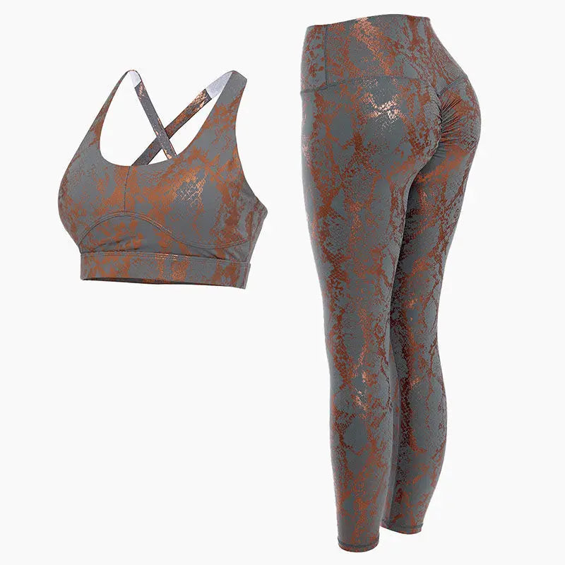 Fitness Sport Bra and Yoga Pants Set Snake Skin Gold Printing