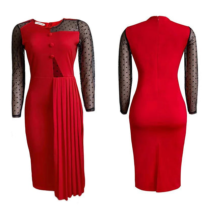 Fashion Mesh Splicing Slim Warp Hip Split Women Office Dress