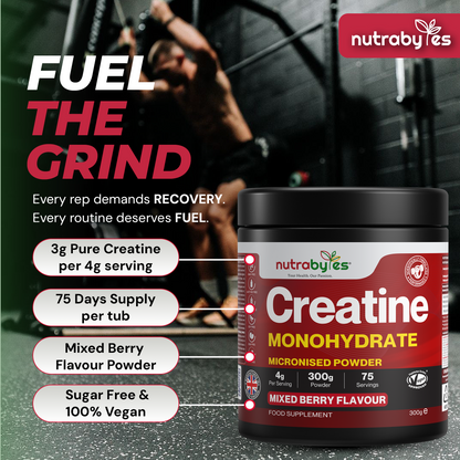 Creatine Monohydrate Powder 300g (75 Servings) – Pure Micronised Creatine Powder Supplement for Men & Women, Pre & Post Workout Strength, Muscle Growth & Recovery, Vegan – Mixed Berry Flavour