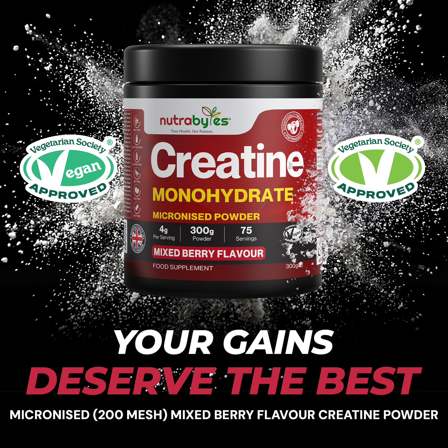 Creatine Monohydrate Powder 300g (75 Servings) – Pure Micronised Creatine Powder Supplement for Men & Women, Pre & Post Workout Strength, Muscle Growth & Recovery, Vegan – Mixed Berry Flavour