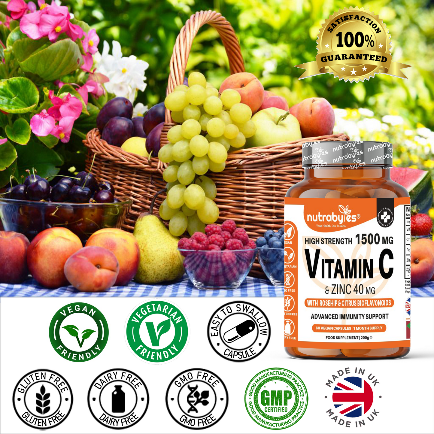 High Strength Vitamin C and Zinc | Advanced Immunity Support | 60 Vegan Capsules | 1 Month Supply | Made in the UK