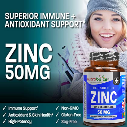 Zinc (Gluconate) 50mg | Maximum Strength, Pure Zinc Capsules | 180 Vegan Capsules | 6 Months Supply | Immunity Support, Eye & Skin Health | Made in the UK