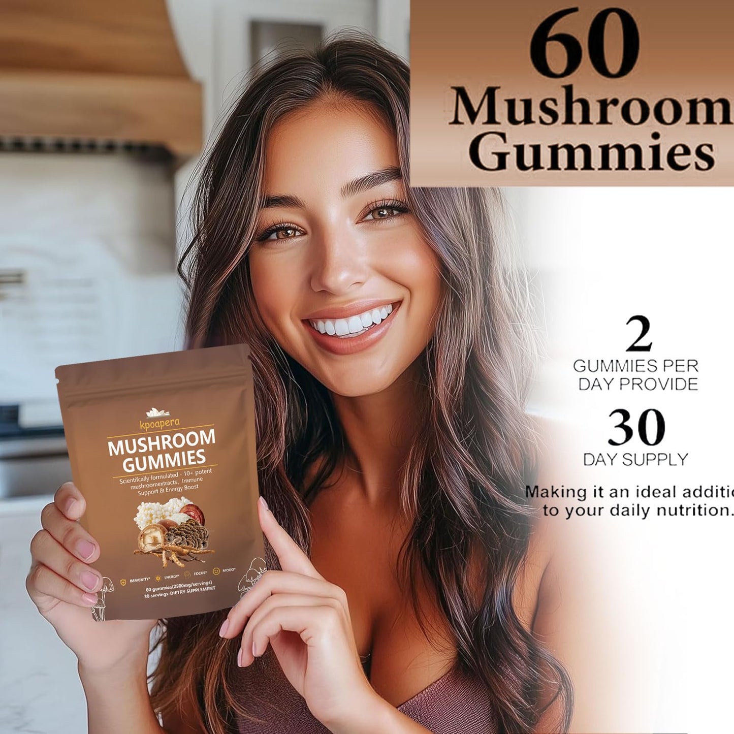 KPOAPERA Lions Mane Mushroom Gummies – 12-Mushroom Blend, 60 Chews, 2500mg/Serving, Vegan