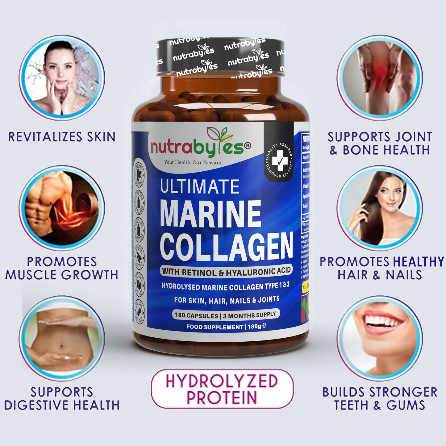 Marine Collagen Capsules Types 1 & 3 with Hyaluronic Acid & Vitamin C | 180 Capsules | 3-Month Supply | UK Made