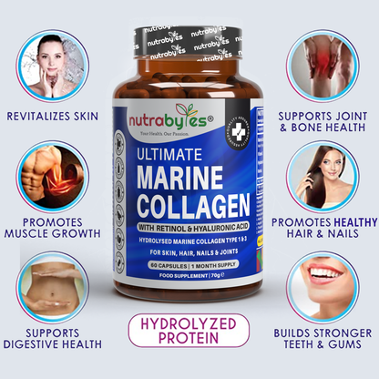 Marine Collagen Capsules Types 1 & 3 with Hyaluronic Acid & Vitamin C | 60 Capsules | 1-Month Supply | UK Made